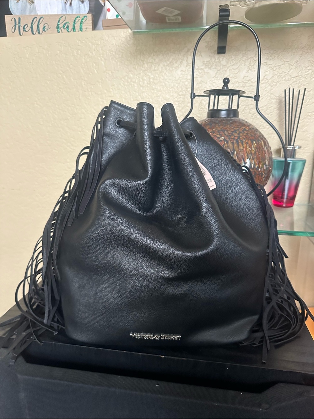 Victoria's Secret Black Fringe Drawstring Backpack